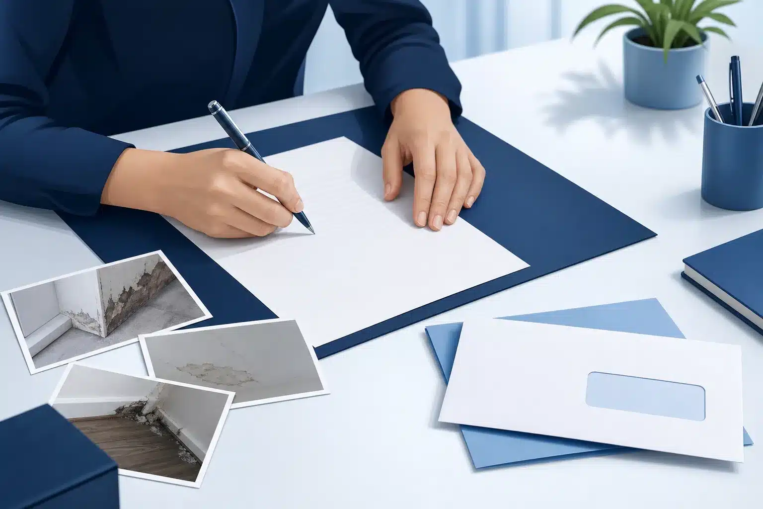 Personne redigeant une lettre de reclamation avec photographies et accuse de reception