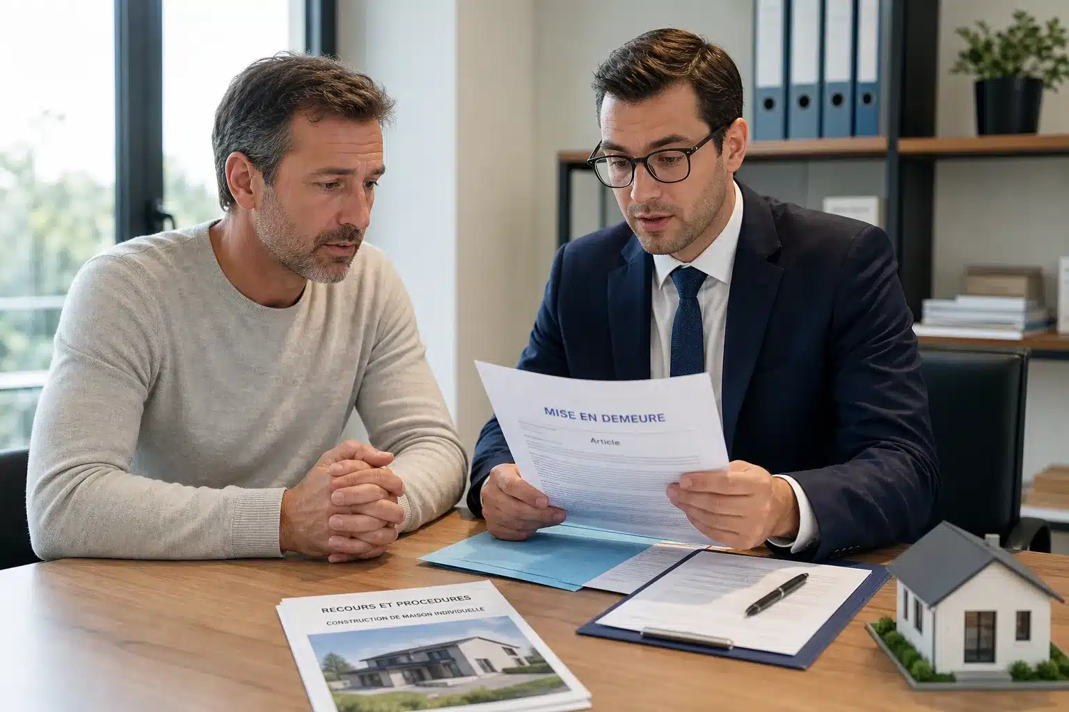 Proprietaire et avocat preparant une mise en demeure et un recours pour un litige de construction en CCMI