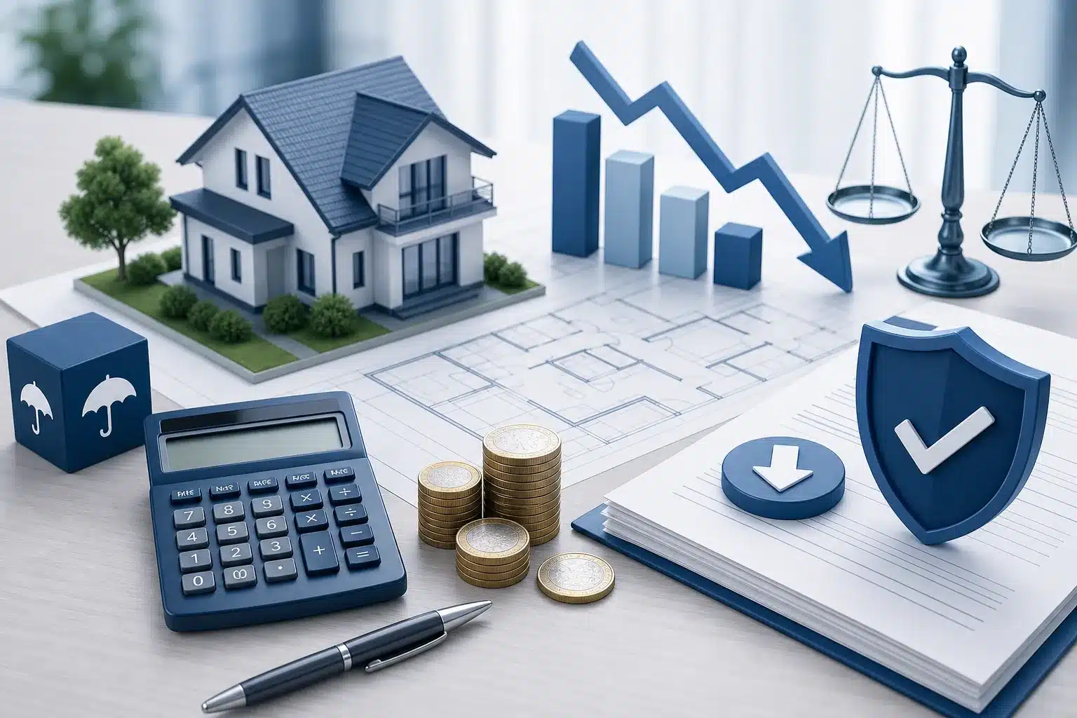 Calculatrice, devis et plan de maison symbolisant une compensation financiere
