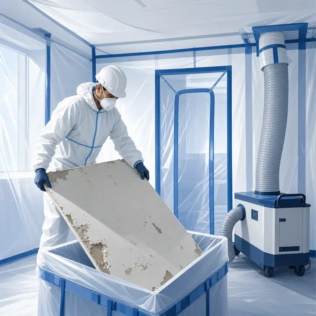 Ouvrier en combinaison et masque deposant une plaque contaminee sur un chantier de remediation