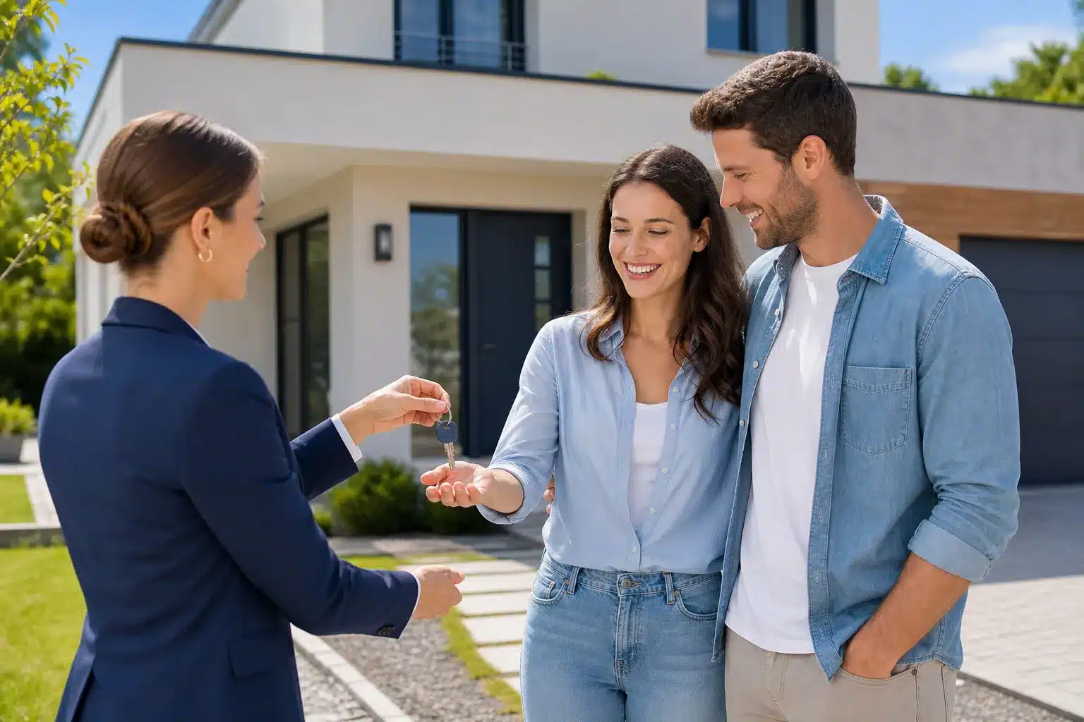 Remise des clés d'une maison neuve à un couple lors de la prise de possession en CCMI