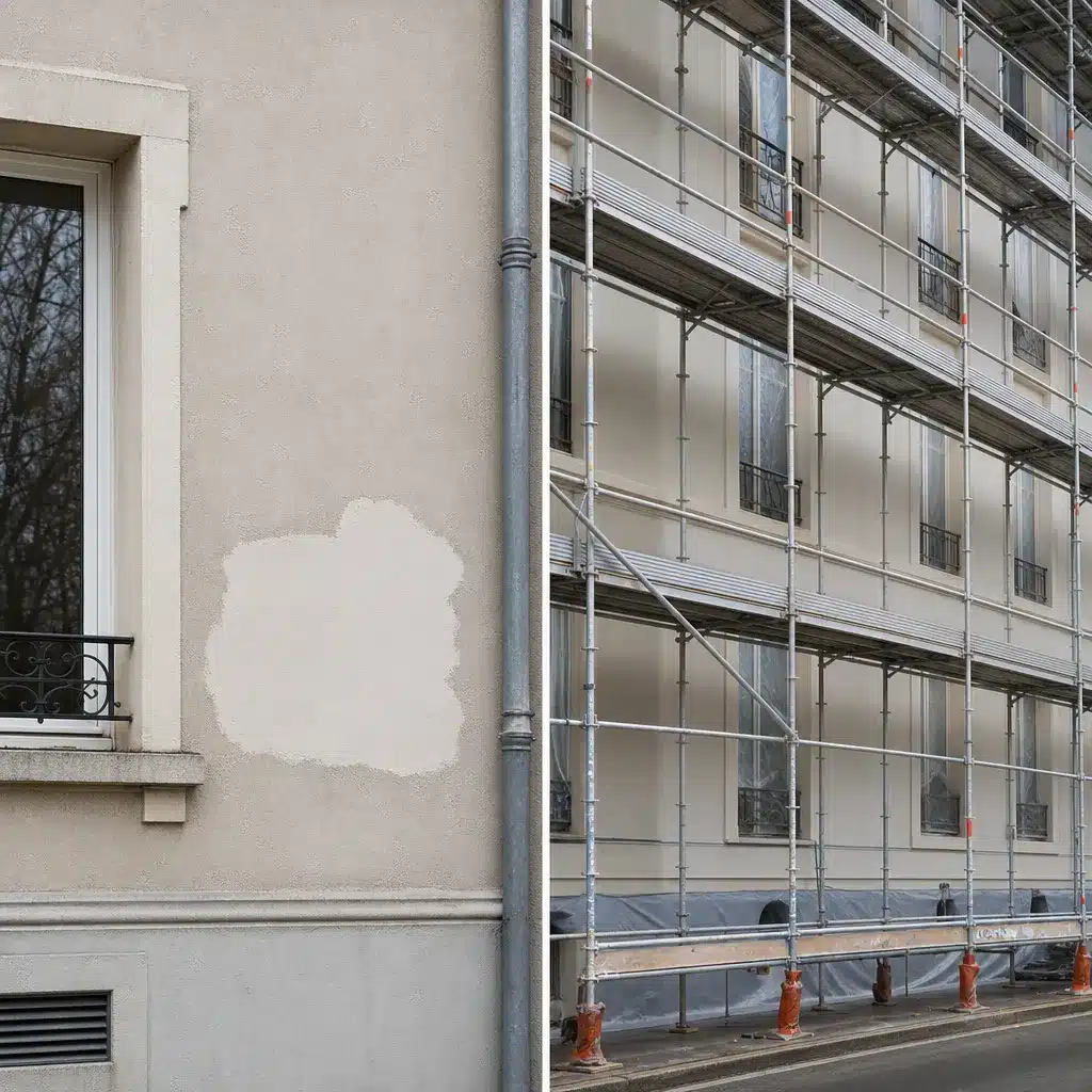 Comparaison entre une reprise locale d enduit et un ravalement complet de facade sous echafaudage