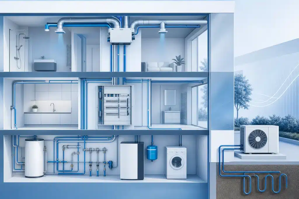 Illustration des reseaux et equipements techniques d un batiment electricite plomberie chauffage et ventilation