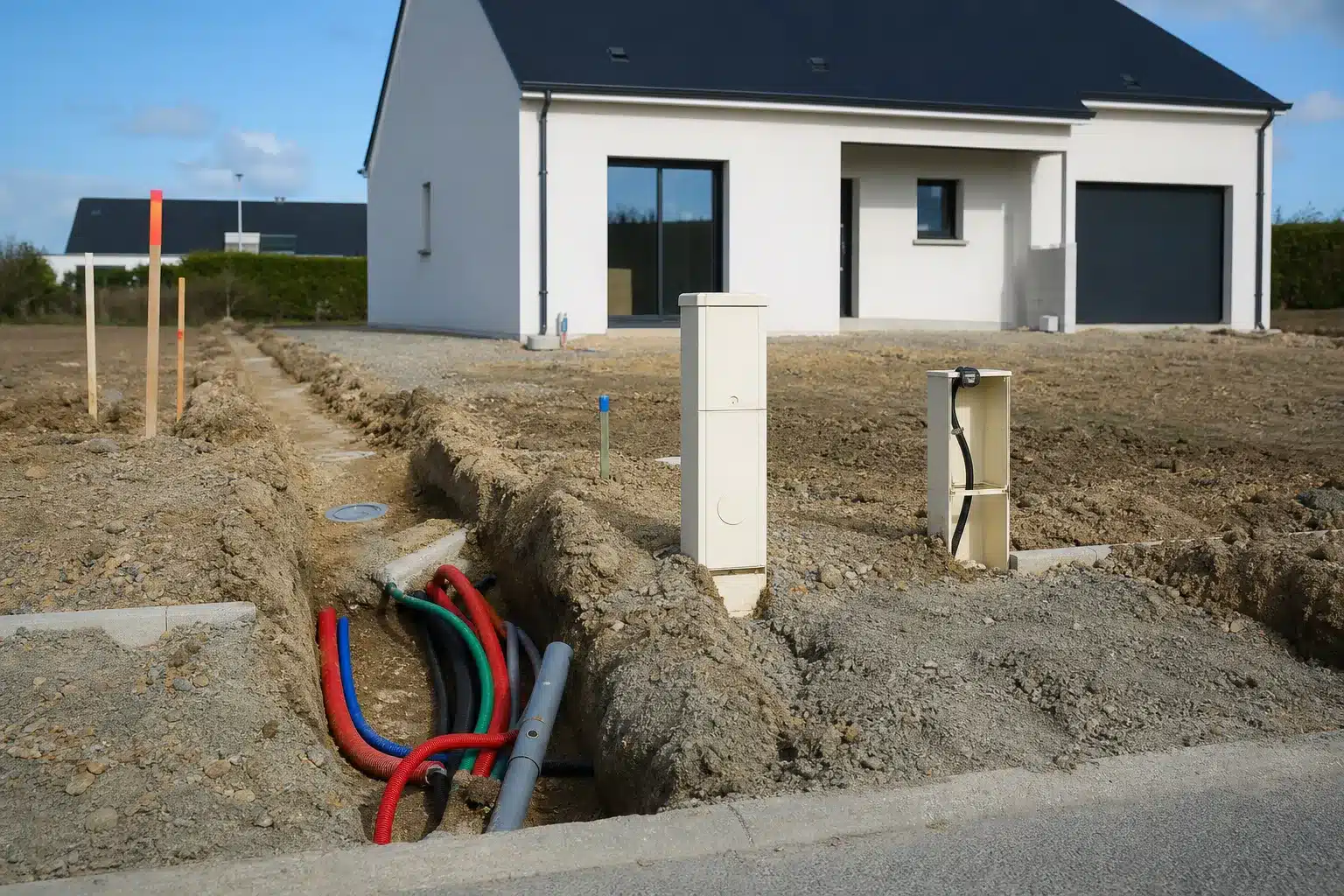 Tranchée de raccordement des réseaux eau électricité et télécom en limite de parcelle pour une maison individuelle