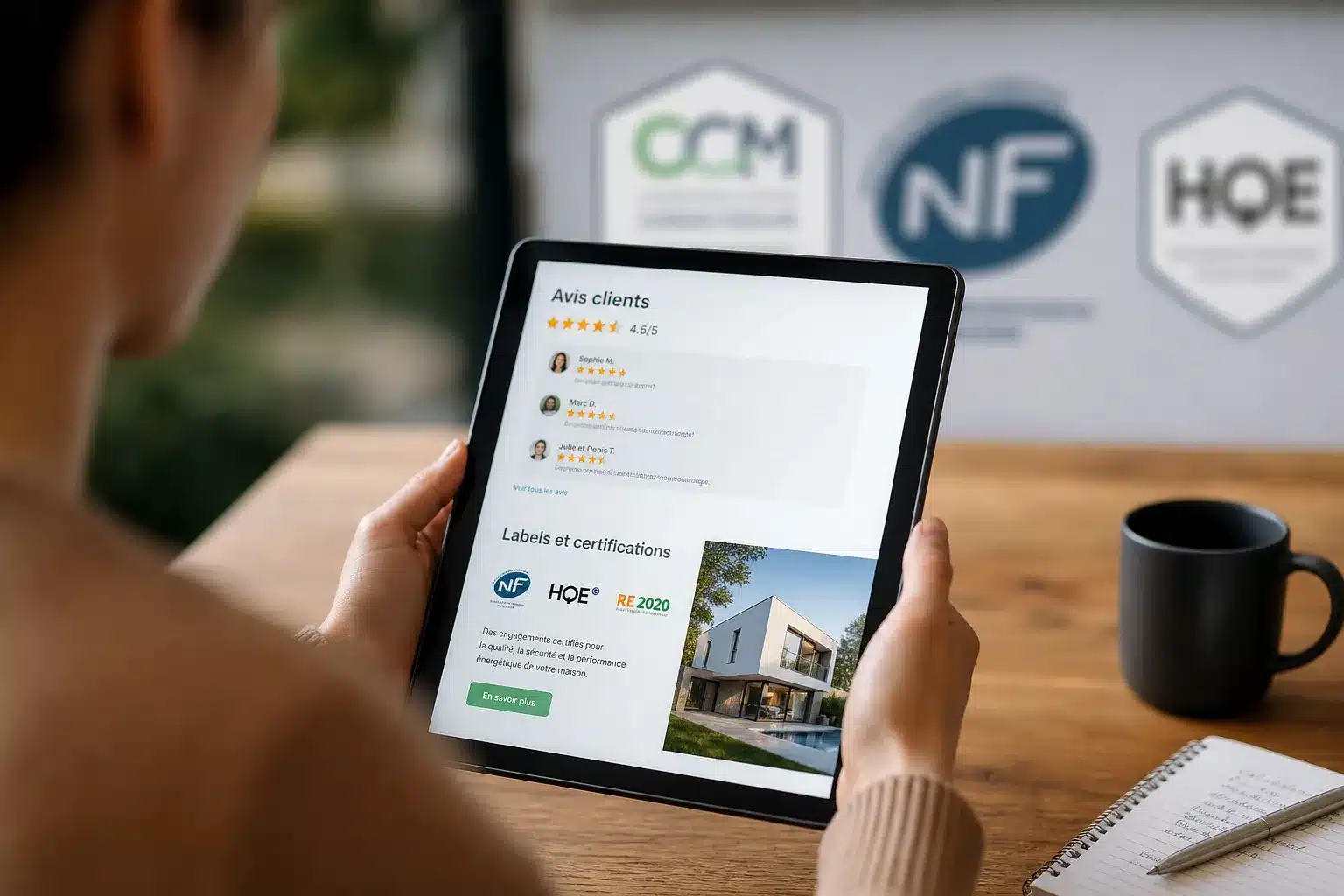 Consultation des avis clients et labels de qualité d'un constructeur de maison individuelle sur une tablette