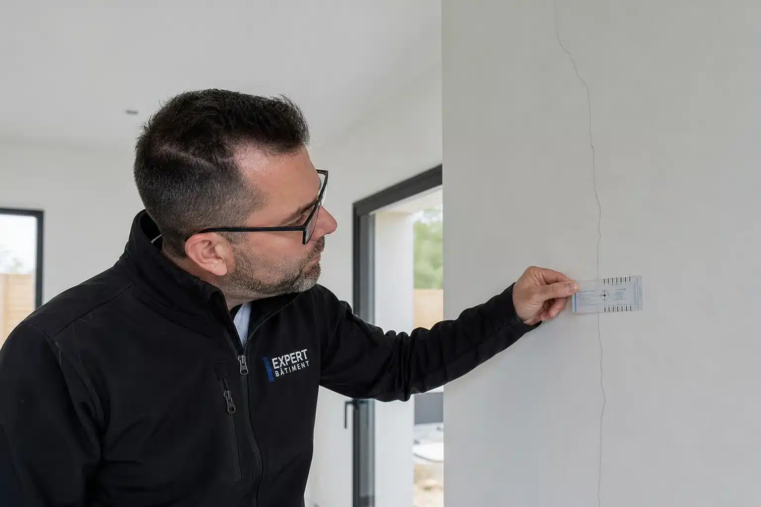 Expert en bâtiment examinant une fissure relevant possiblement de la responsabilité décennale