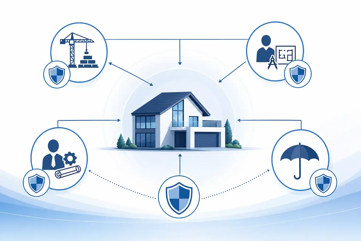 Organigramme reliant constructeur, architecte, bureau d etudes et assureur autour d une maison