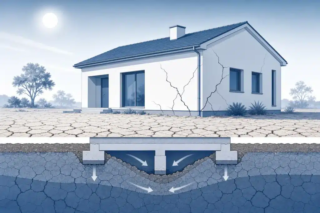 Illustration du retrait gonflement des argiles sous une maison en periode de secheresse