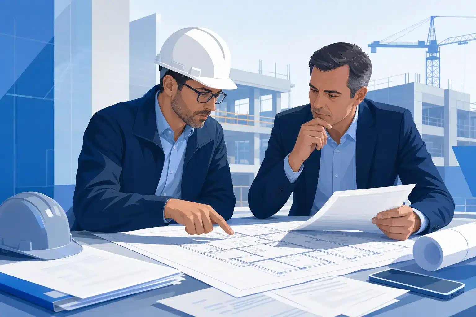 Expert et professionnel examinant des plans lors d une reunion contradictoire de chantier