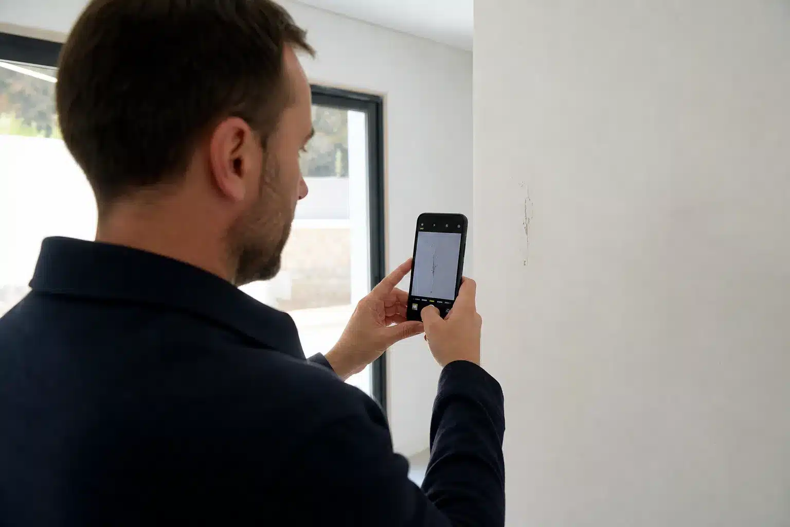 Personne documentant un désordre dans un logement neuf en VEFA pour le signaler au promoteur