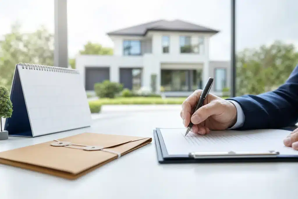 Signature d'un contrat de construction de maison individuelle avec une enveloppe recommandée et un calendrier symbolisant le délai de rétractation