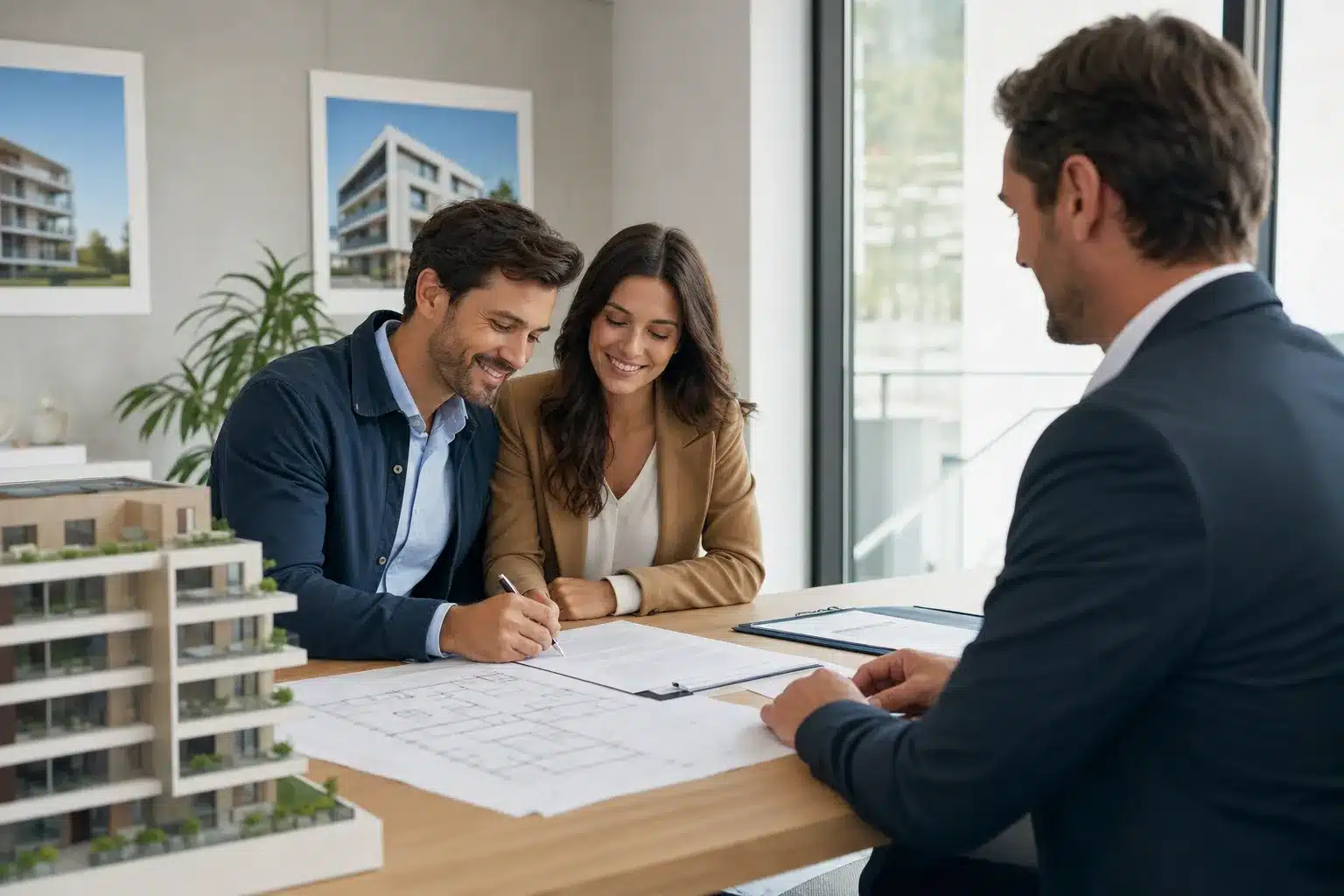 Acheteurs signant un contrat de réservation VEFA avec un agent immobilier, plans sur la table