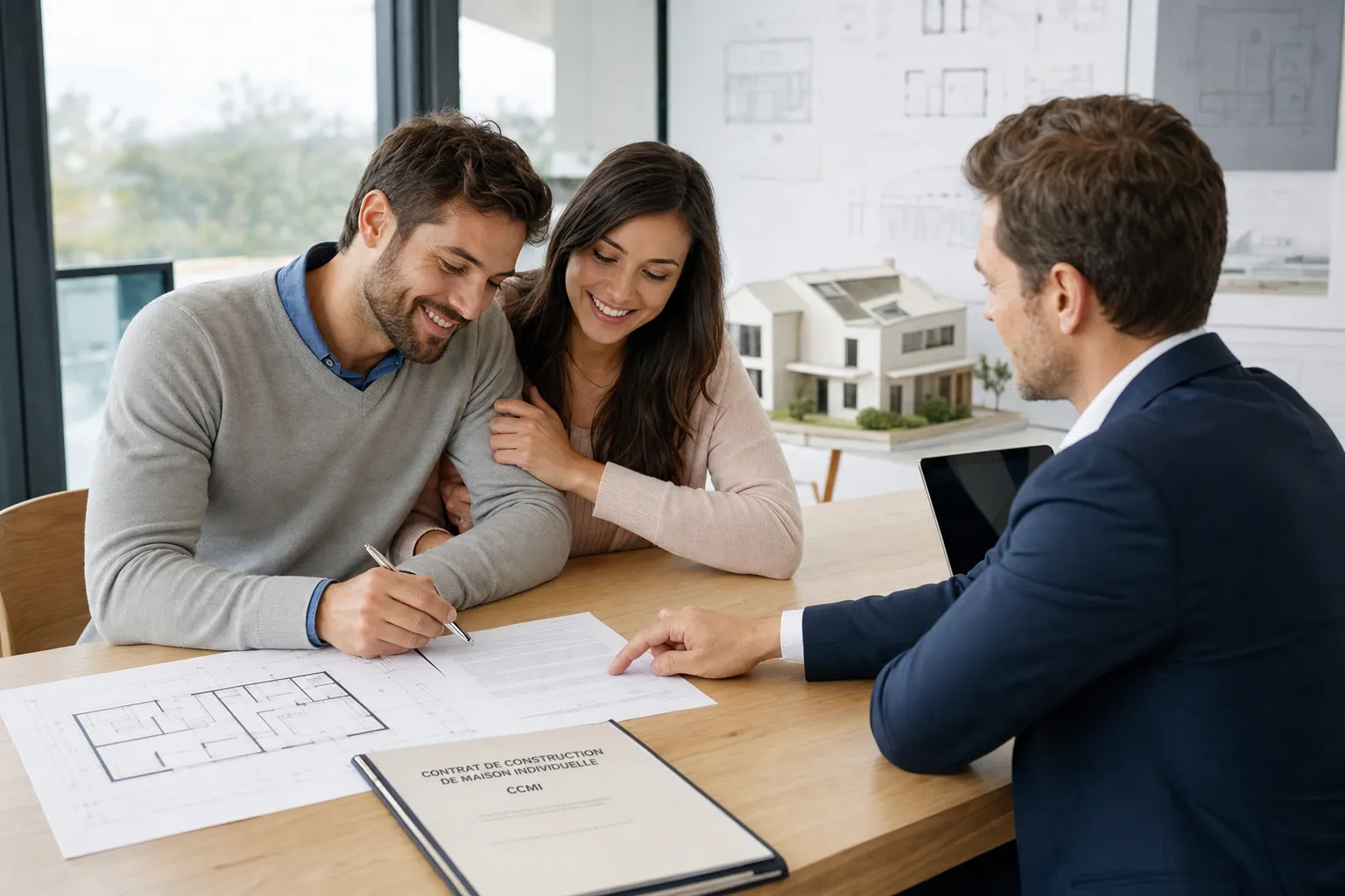 Couple signant un contrat de construction de maison individuelle CCMI avec plans et maquette de maison