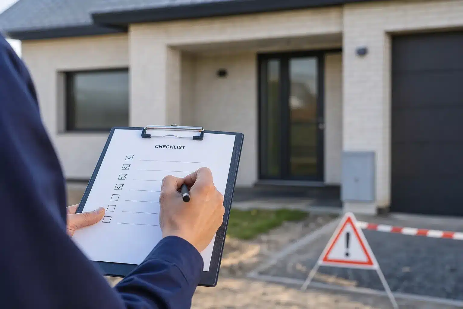Vérification finale avec checklist devant une maison individuelle neuve pour détecter les signaux d'alerte