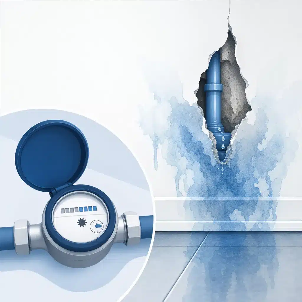 Compteur d eau et traces d humidite revelant une fuite cachee