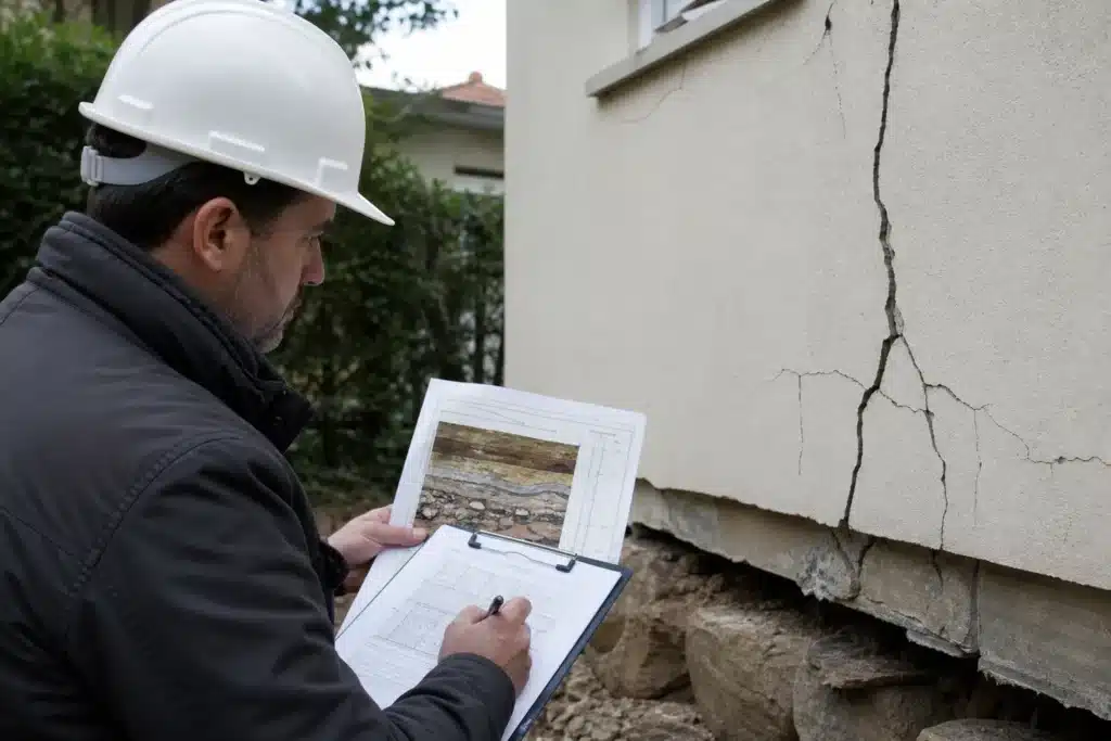 expert examinant un sinistre avec rapports d expertise et etude de sol