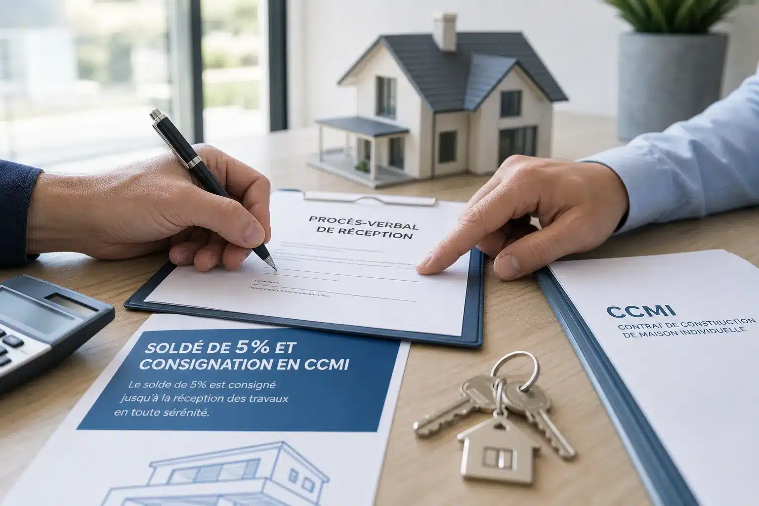 Signature du procès-verbal de réception avec clés et documents, solde de 5 % en CCMI