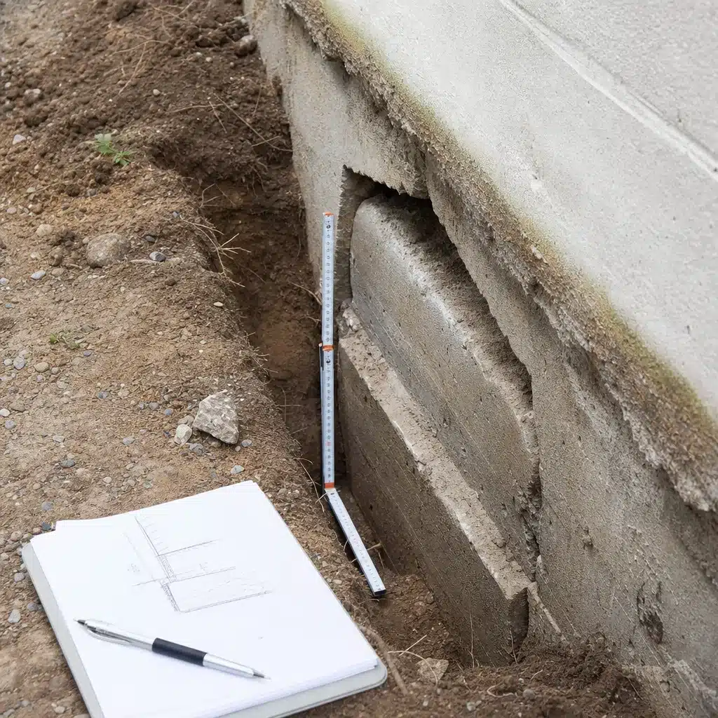 Fouille de sondage revelant le pied de fondation en beton le long d un mur