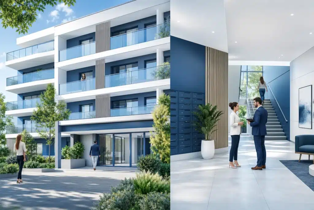 Immeuble en copropriete illustrant parties privatives et parties communes