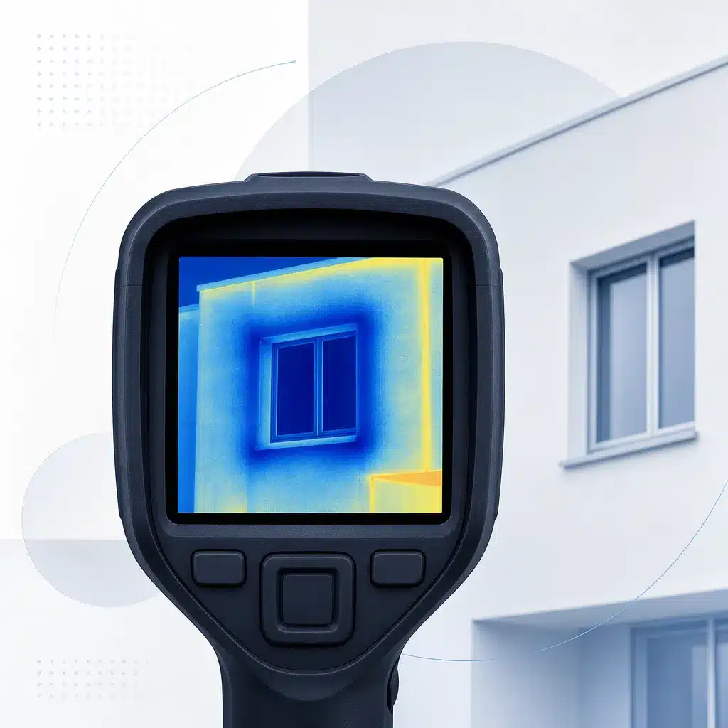 Thermographie infrarouge d une facade avec zones froides autour d une fenetre