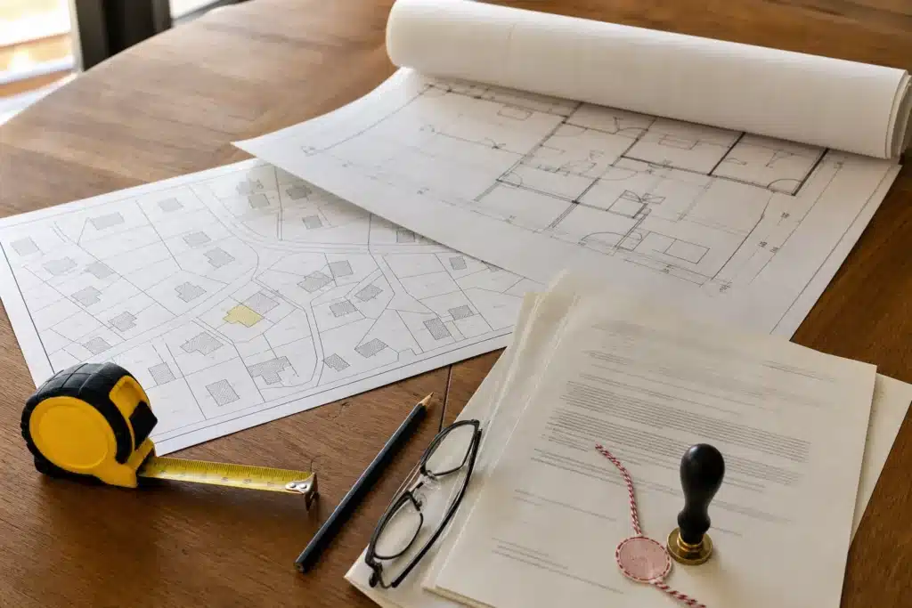 Titre de propriete plans et limites du terrain sur une table