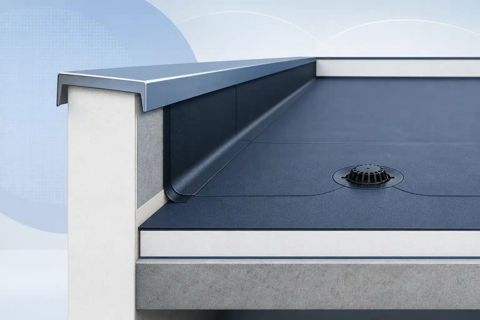 Toiture-terrasse avec membrane d etancheite releve acrotere et couvertine