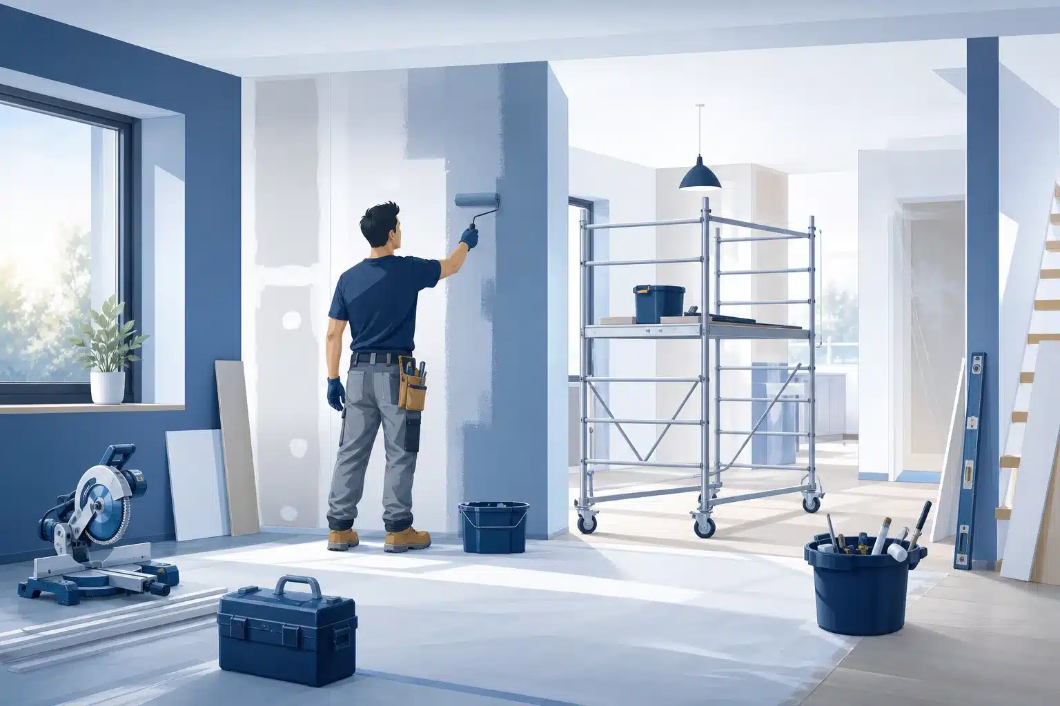 Personne realisant elle-meme des travaux de renovation dans une maison avec outils