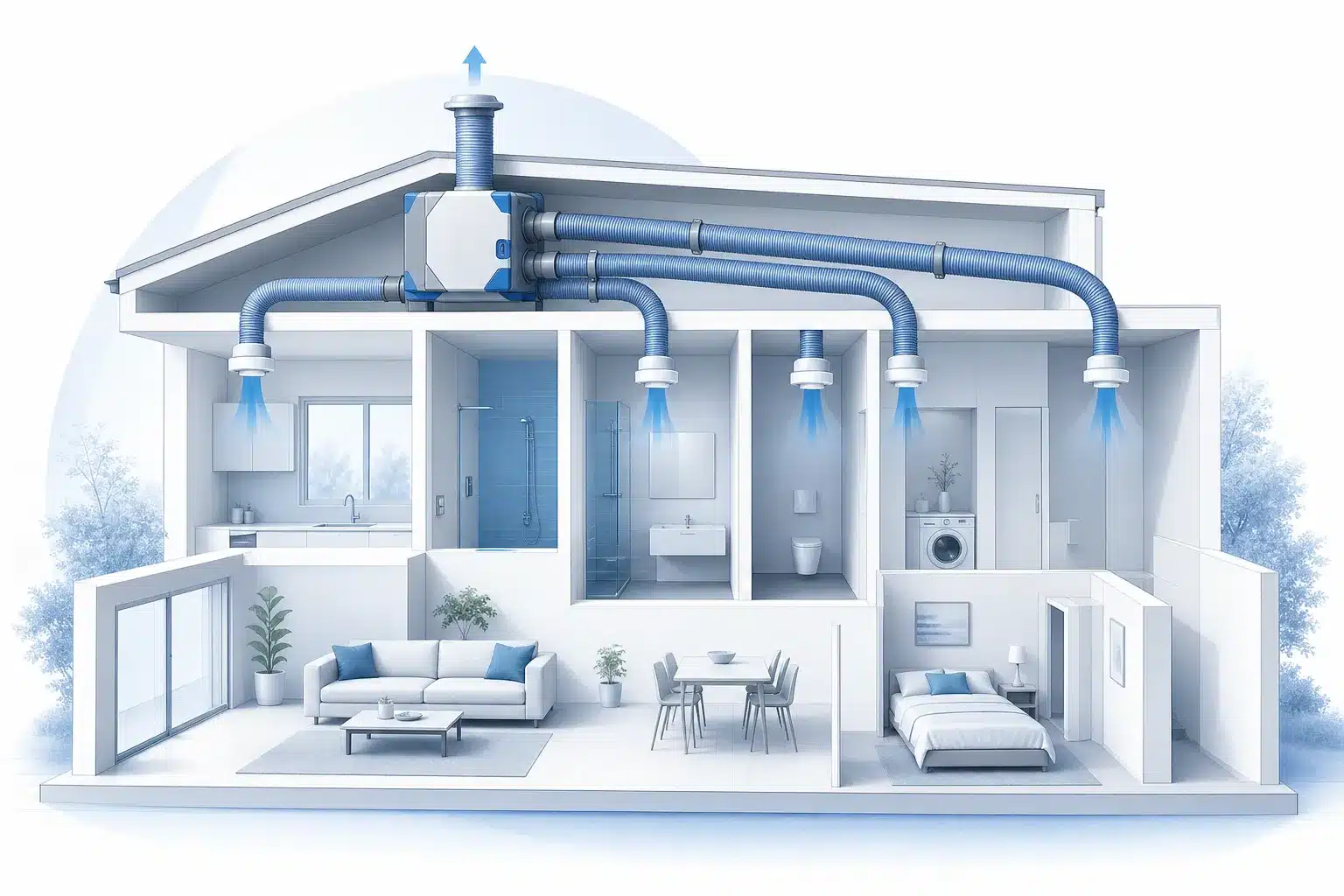 Systeme de ventilation VMC avec caisson d extraction gaines et bouches d aeration