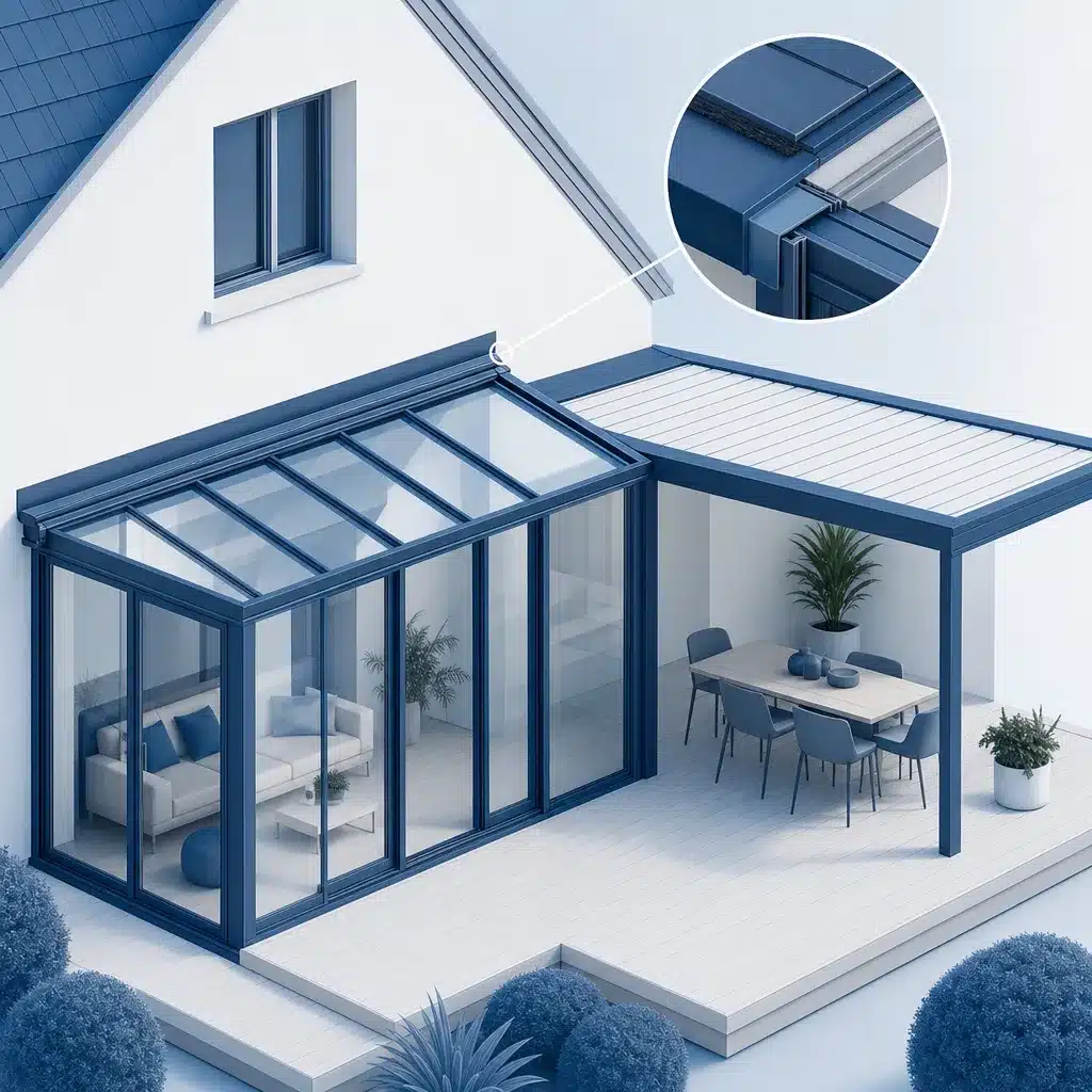 Veranda et terrasse accolees a une maison avec joint peripherique