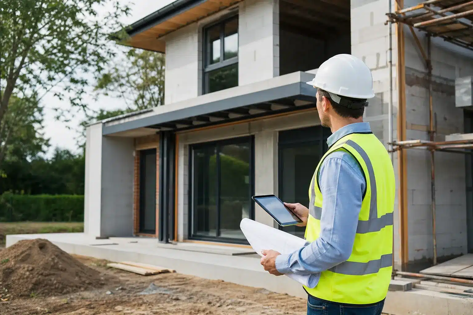 Expert vérifiant l'avancement d'un chantier de maison en CCMI avant d'autoriser un paiement