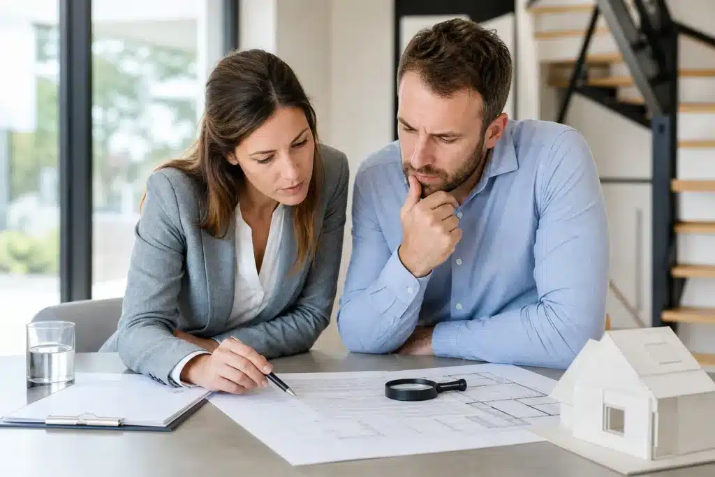 Couple vérifiant un contrat de construction et des plans avant de signer un CCMI