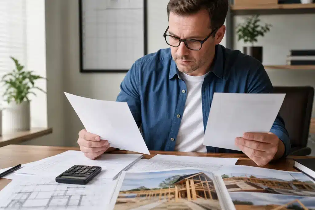 Maitre d'ouvrage verifiant des factures et situations de travaux avant paiement
