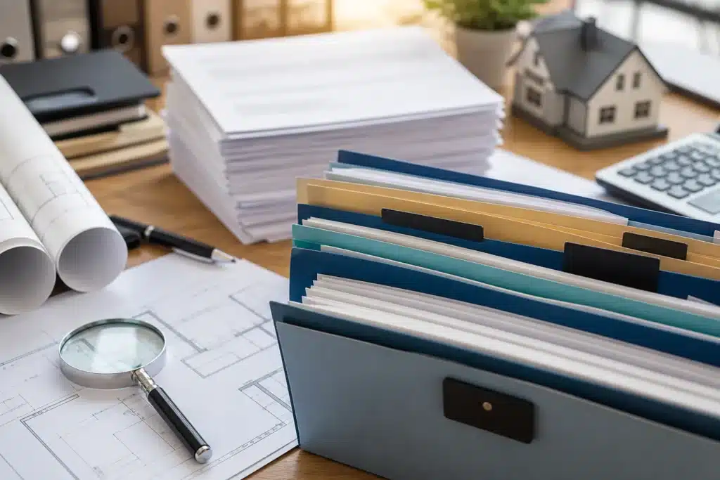 Attestations d'assurance dommages-ouvrage contrats et factures classes dans un dossier