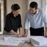 architecte verifiant les plans et la reglementation d un projet