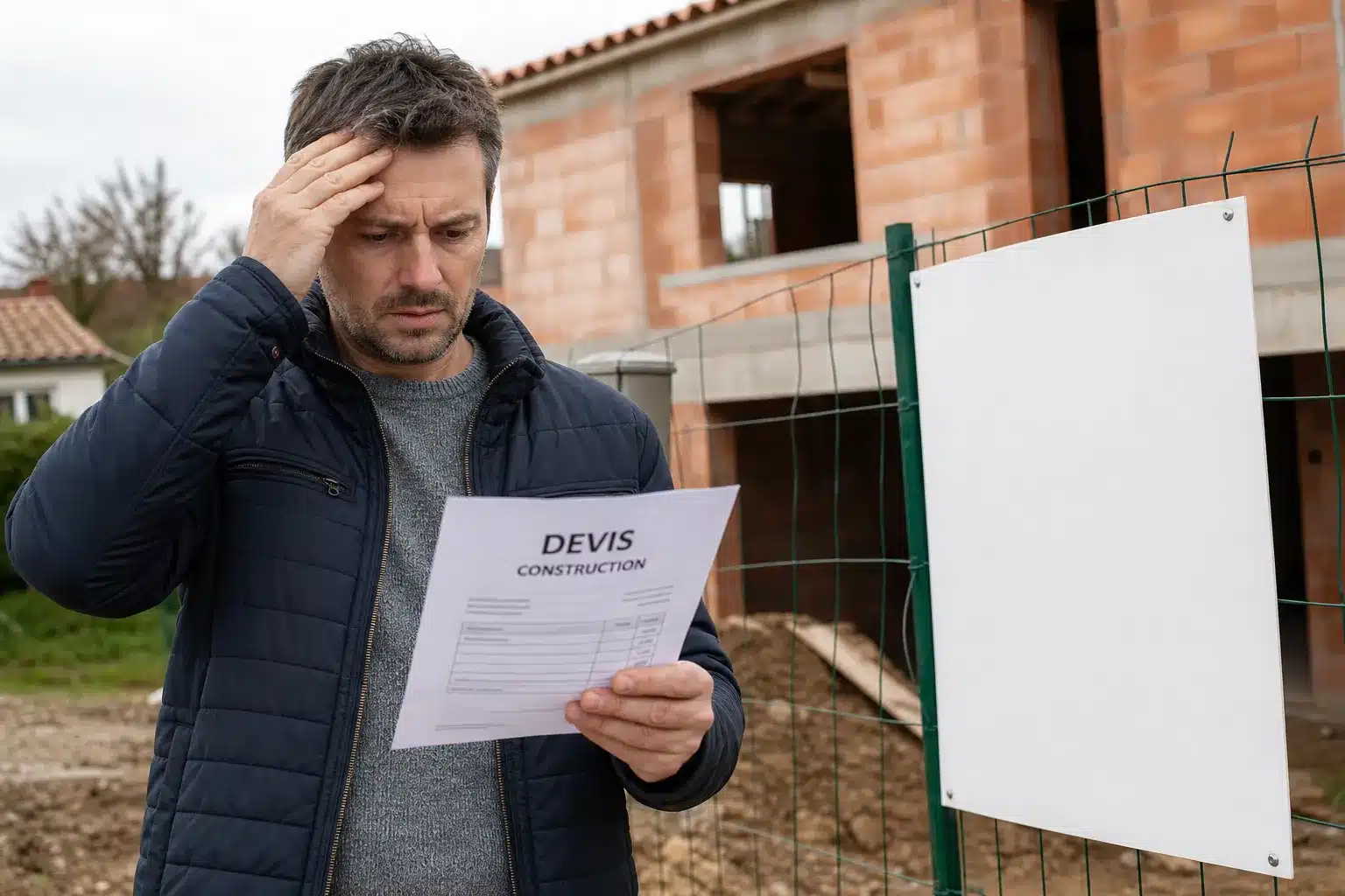 Particulier vérifiant un devis douteux devant un chantier, vigilance face aux faux constructeurs de maison individuelle