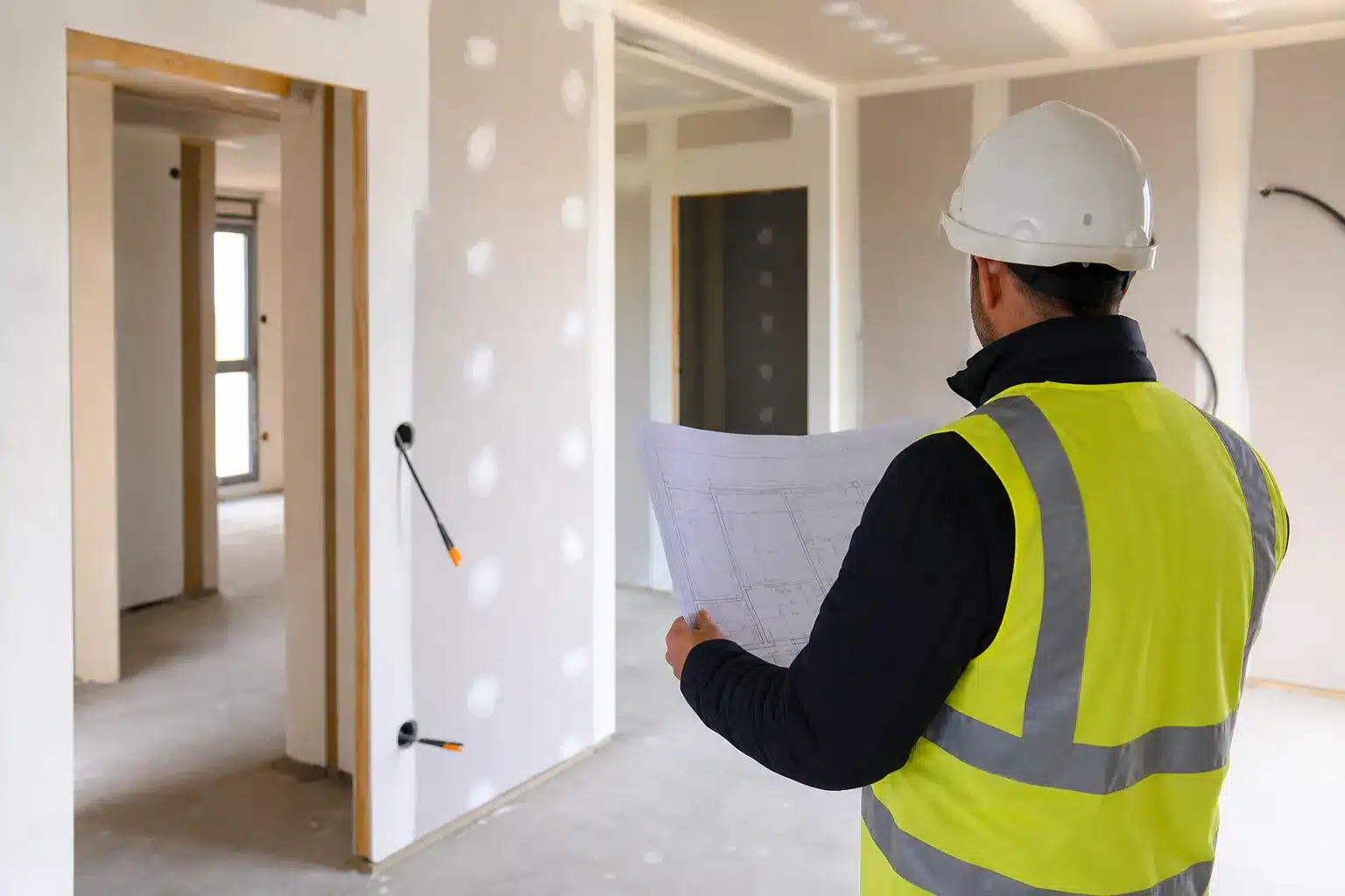 Expert en bâtiment examinant des plans lors d'une visite de chantier VEFA au stade des cloisons