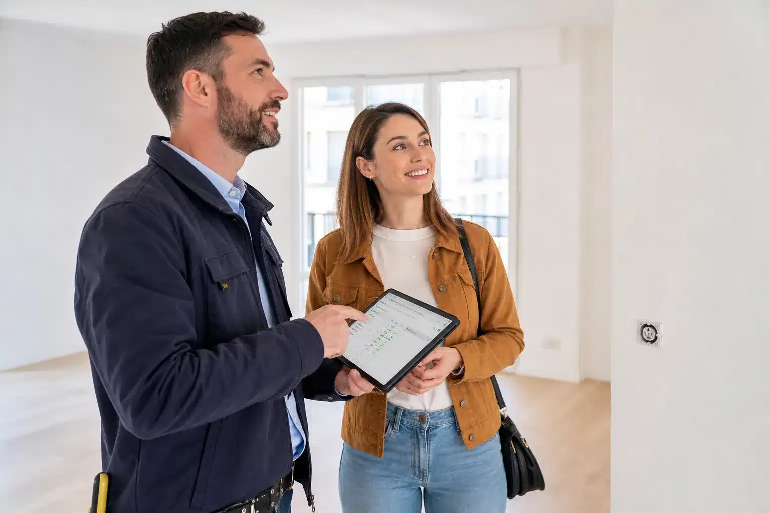 Expert et acquéreuse contrôlant la bonne exécution des reprises lors de la levée des réserves d'un logement VEFA