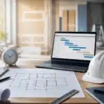 planning de chantier avec calendrier de travaux et casque