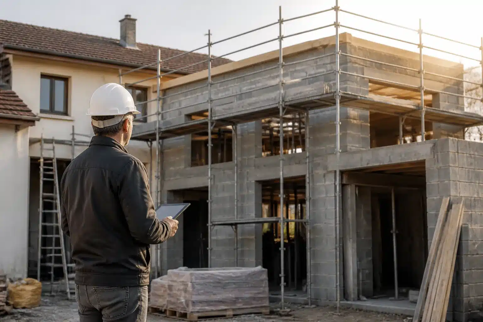 Expert en bâtiment contrôlant un agrandissement