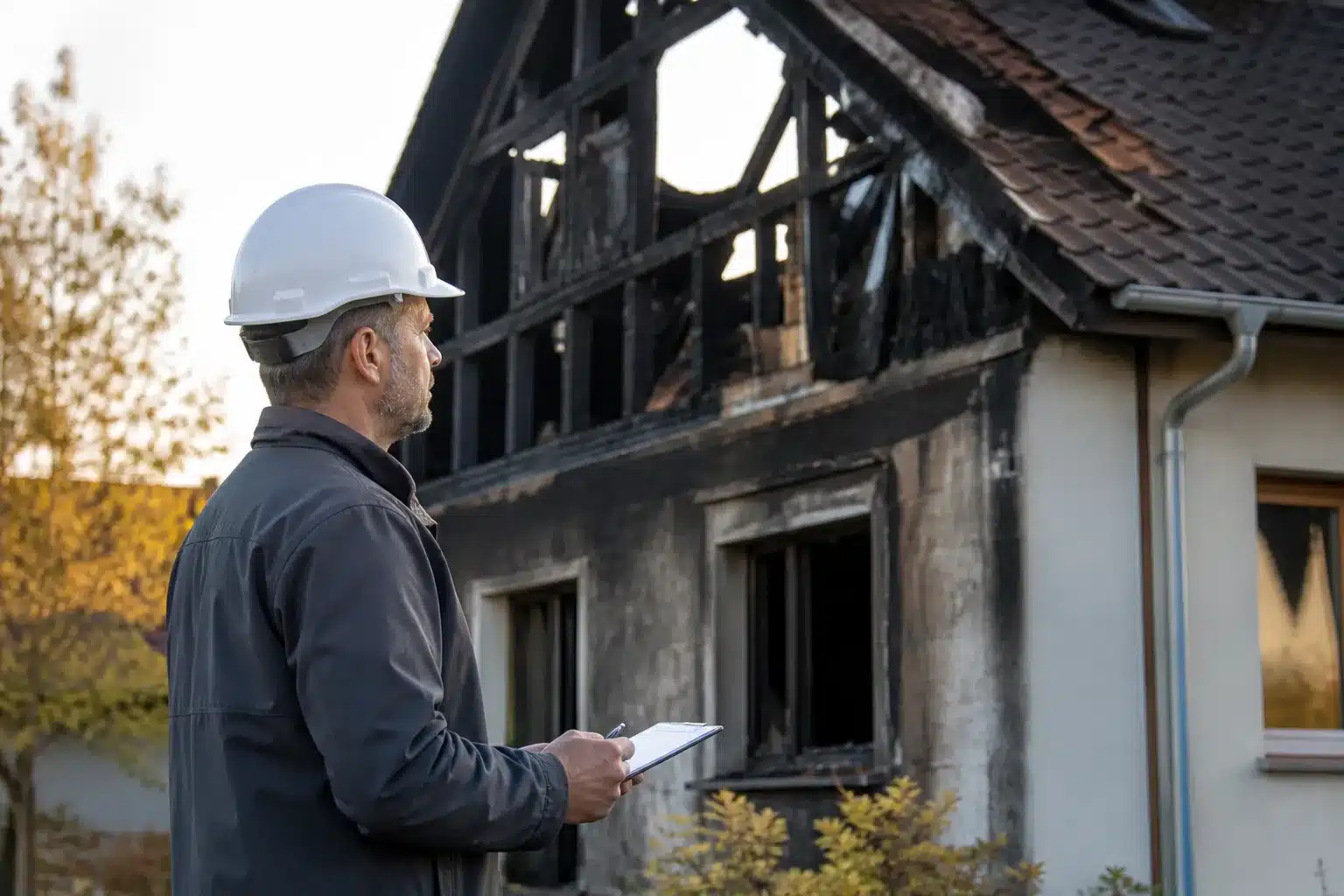 Expert en bâtiment inspectant une maison endommagée par un incendie