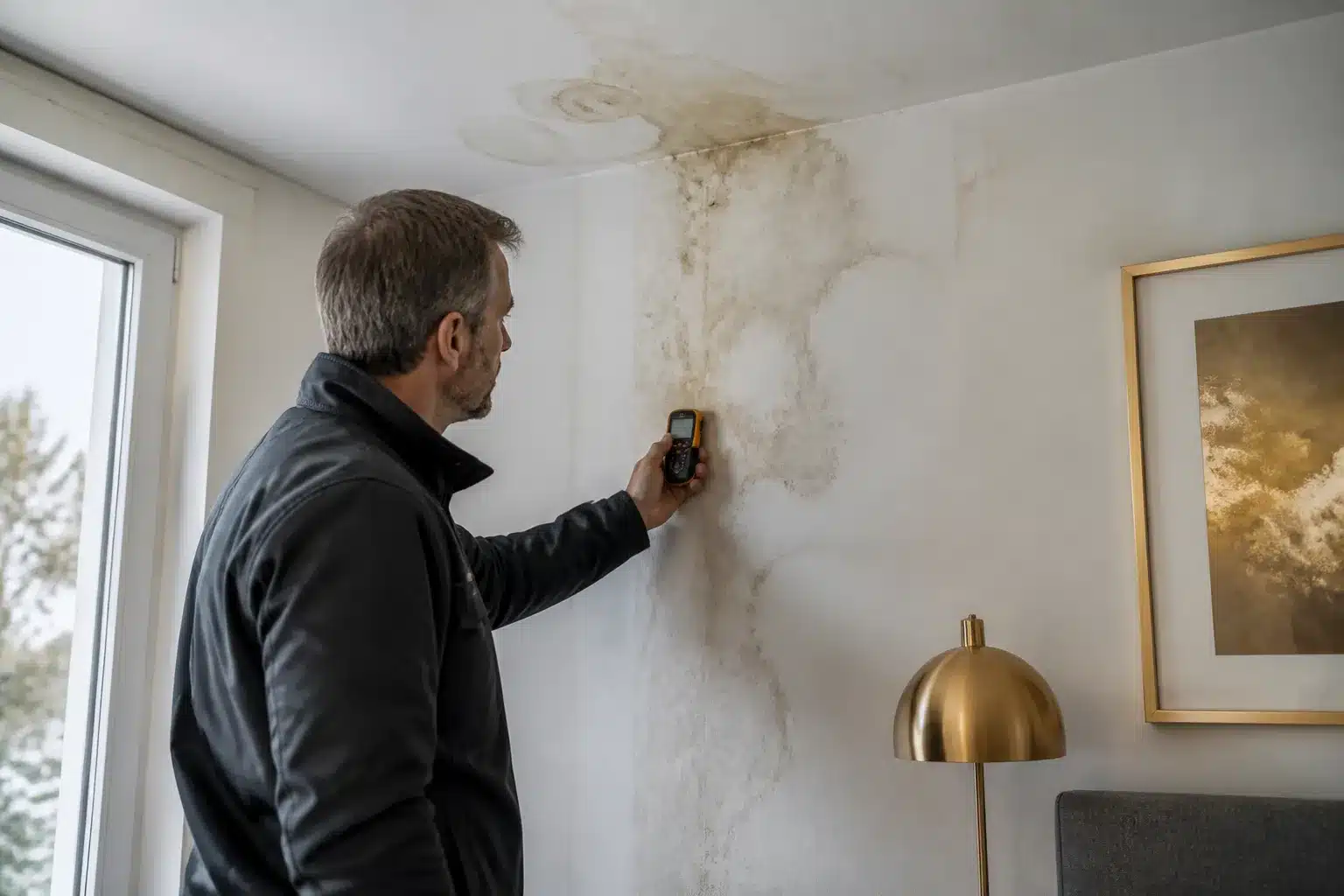 Expert en bâtiment inspectant un dégât des eaux
