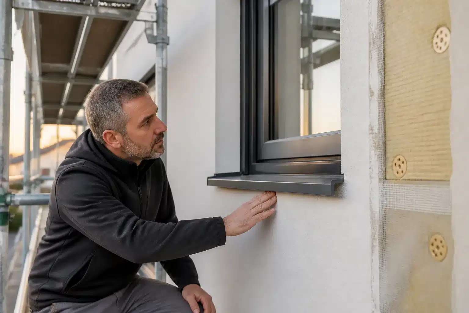 Expert en bâtiment contrôlant une isolation extérieure de façade