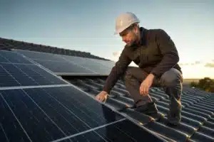 Expert en bâtiment inspectant des panneaux solaires sur une toiture
