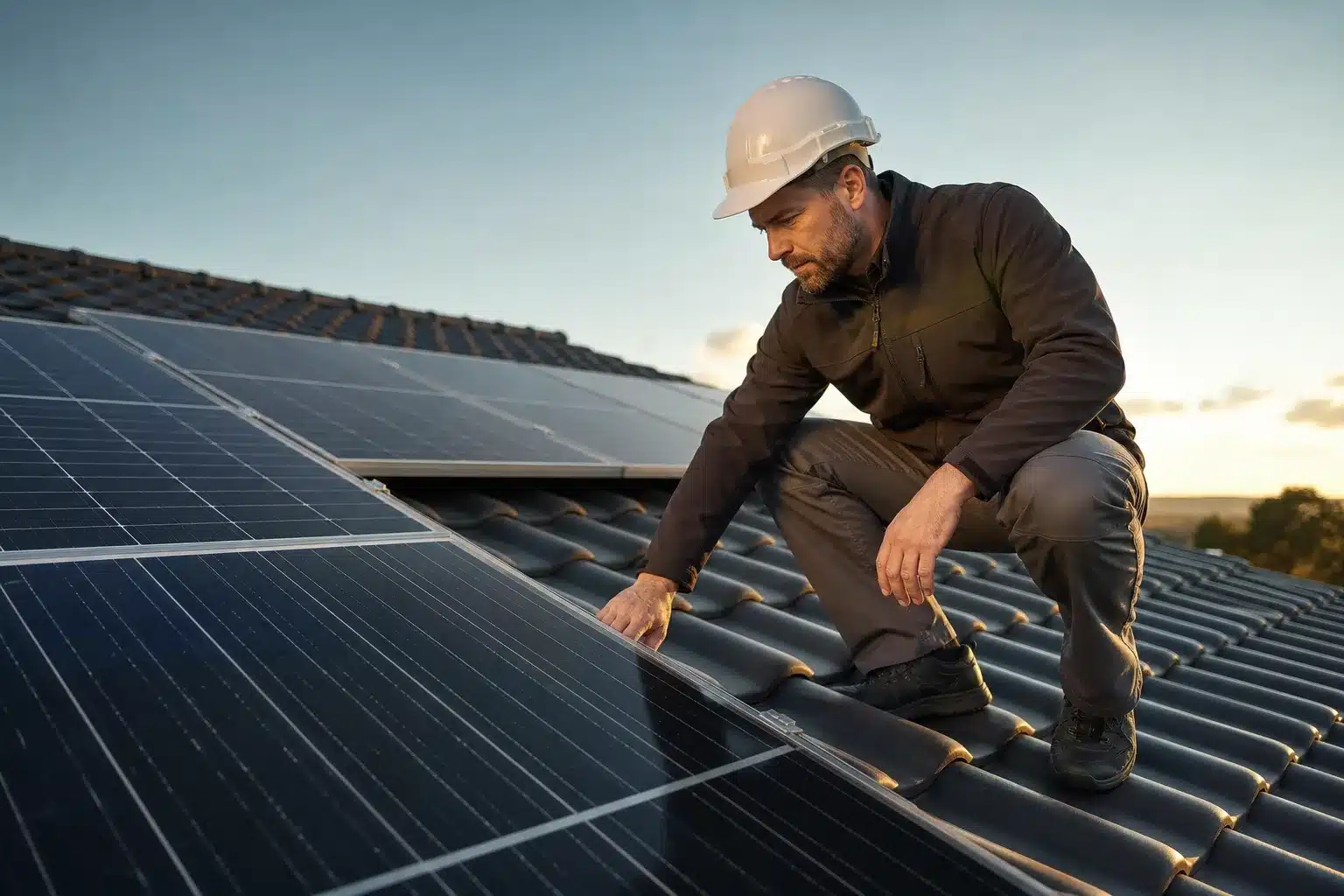 Expert en bâtiment inspectant des panneaux solaires sur une toiture