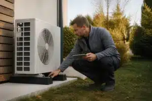 Expert en bâtiment examinant une pompe à chaleur