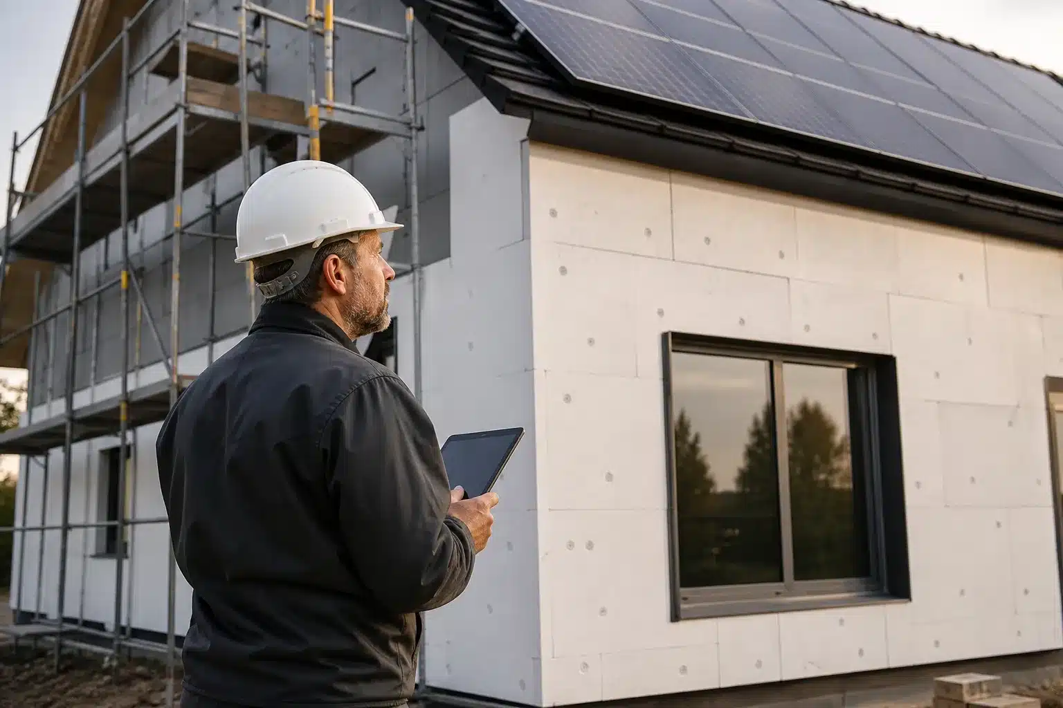 Expert en bâtiment contrôlant des travaux de rénovation énergétique