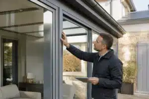 Expert contrôlant l'étanchéité d'une véranda