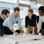 equipe de specialistes techniques autour de plans de construction