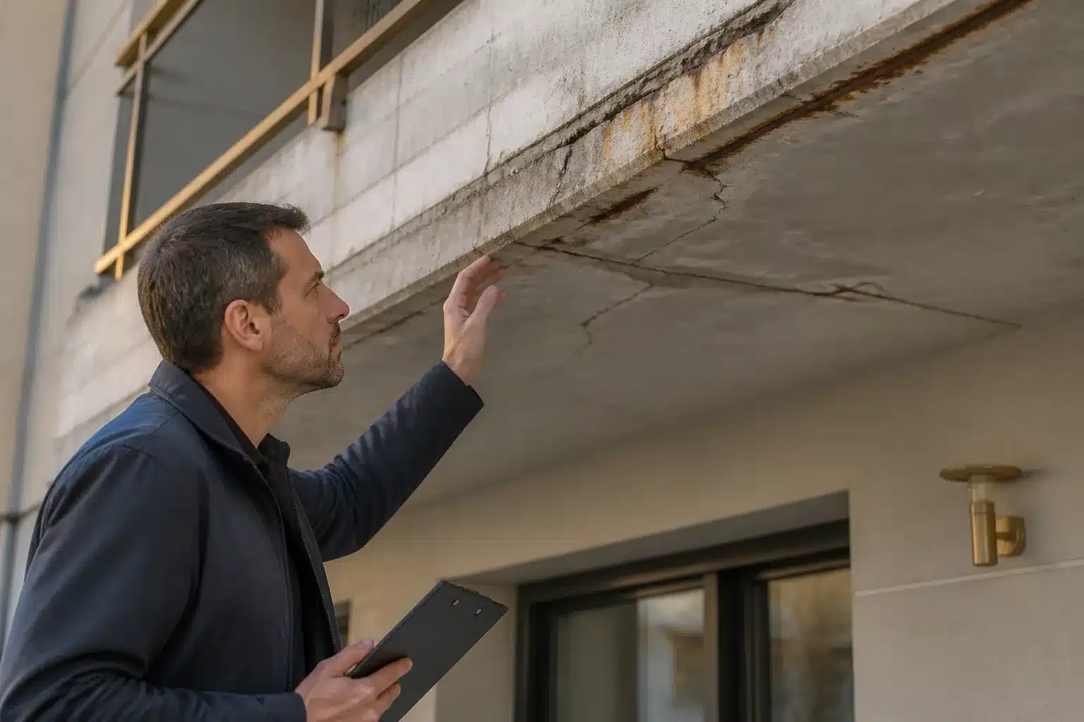 Expert examinant un balcon fissuré
