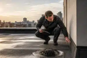 Expert inspectant l'étanchéité d'un toit-terrasse